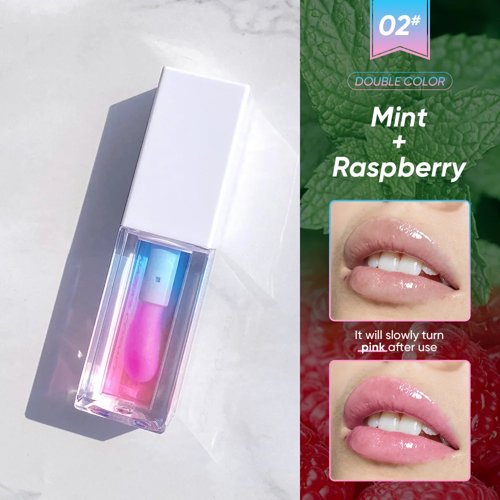 New Style Natural Plant Fruit Juicy Big Brush Double Colors Lip Gloss Moisturizing Hydrating Clear Lip Plumper Oil