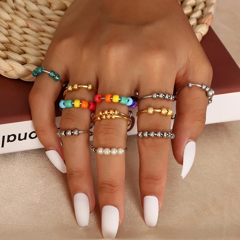 Wholesale Cheap Bead Ring Rotate Freely Adjustable Anxiety Worry Rings Rainbow Glass Beads Anxiety Ring