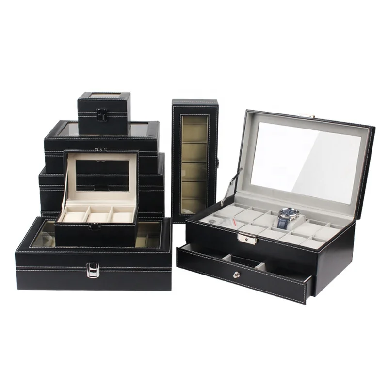 Wholesale black pu leather watch storage case with window 2 3 5 6 8 10 12 20 24 slot leather watch box for jewelry packaging