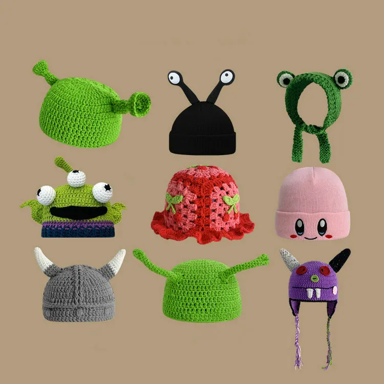 Qushine 2022 New Arrival Winter beanie cartoon knitted hat Creative Monster Funny Spoof Wool Cute Ear Hats Caps Men Women