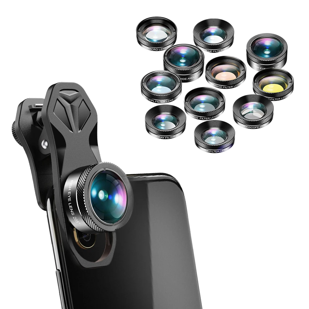 Apexel New 11 in 1 filter mobile camera lens kit, wide angle/ Macro/ Fisheye/ CPL/ ND/ star/kaleidoscope
