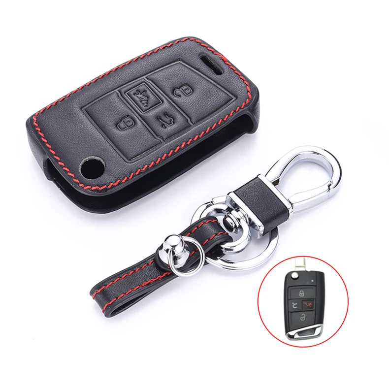 Real Leather Car Key Case For VW Volkswagen MK7 Golf 7 GTI 2017 2018 4 Buttons Folding Remote Fob Cover Keychain Protector Bag
