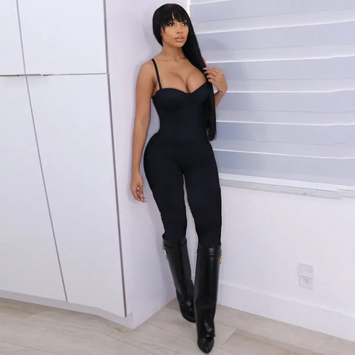 K21Q10418 Fashion Clothes 2022 Sleeveless Halter Jumpsuit High Street Solid Color Bodycon One Piece Plus Size Jumpsuit