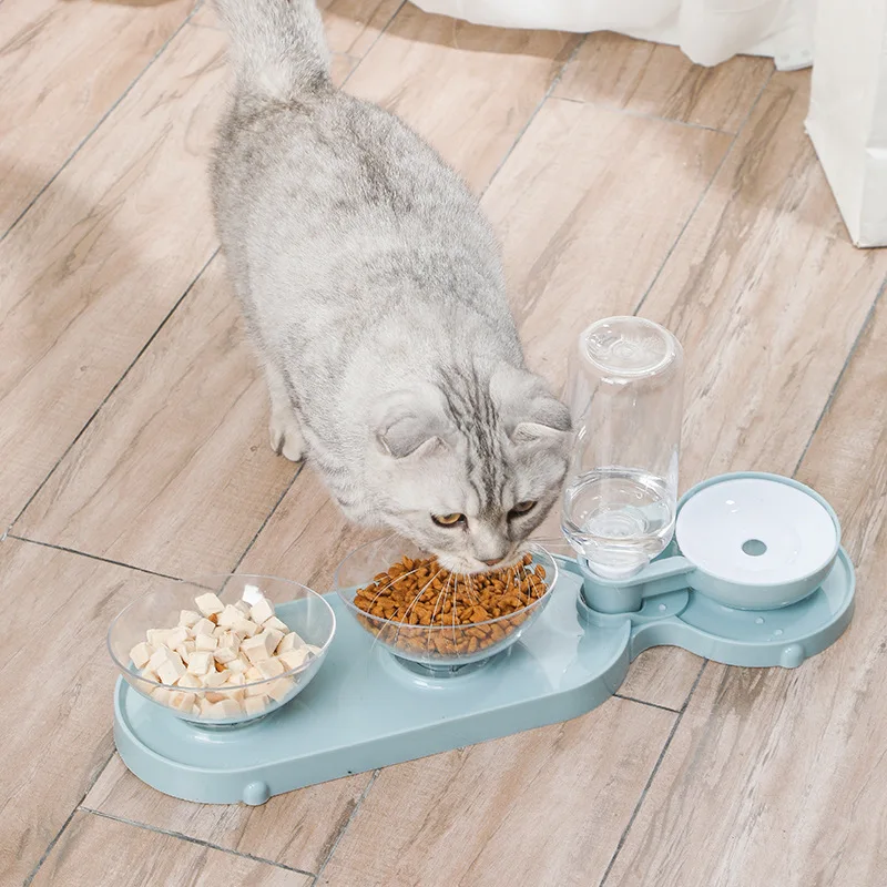 Pet Automatic Drinking Water Feeder Transparent Cat Food Bowl Dog Bowl Tilt Neck Protection Three Purpose Pet Bowl