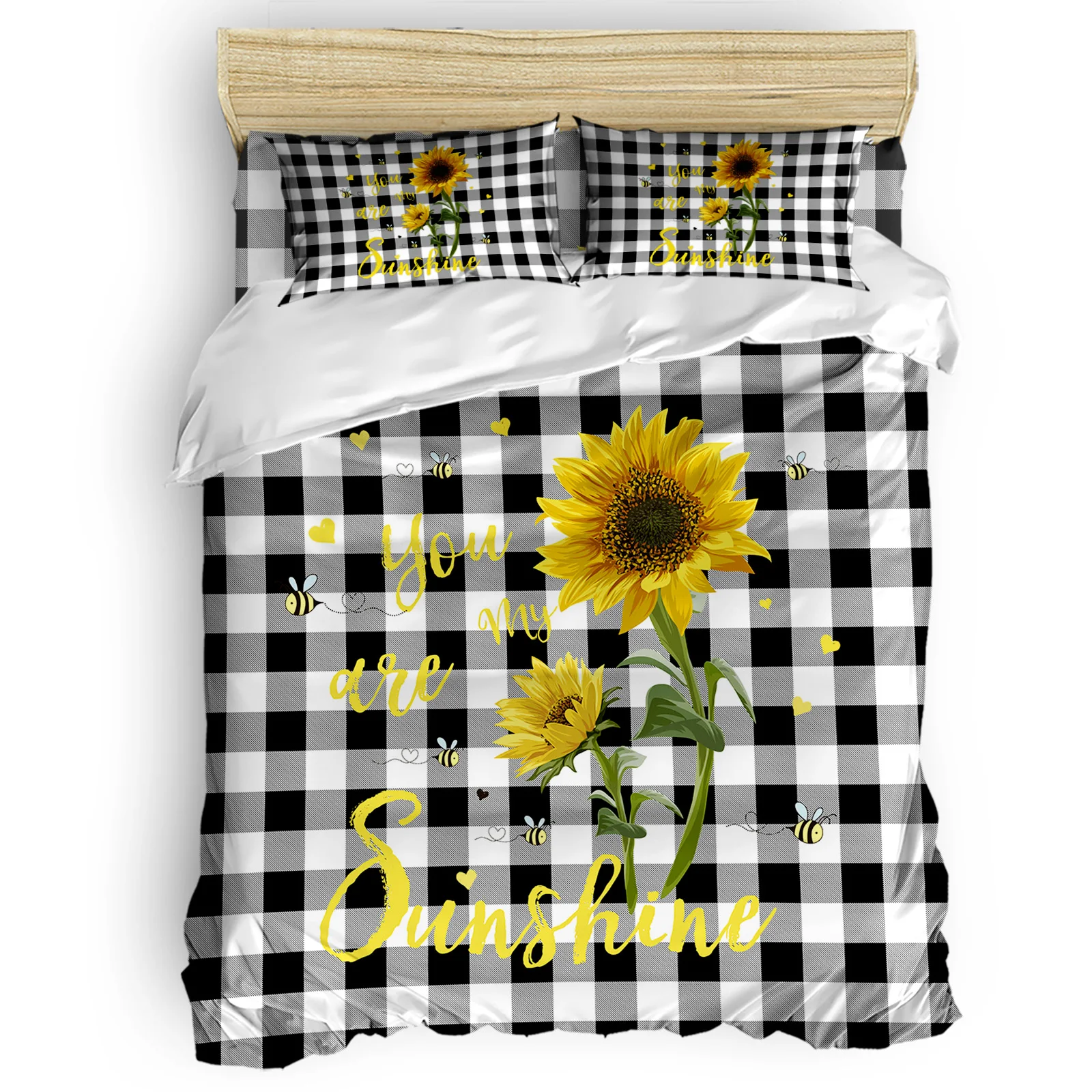 Sunflower Bedspread Black Yellow Spring Floral Decorative 4 Piece Bedding Set for King Bed
