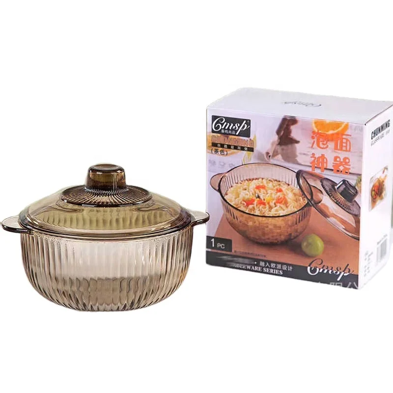 Three-piece Vertical Grain Glass Set With Lid Double Ear Glass Pot Noodles Bowl Household Dessert Salad Bowl Store Gift