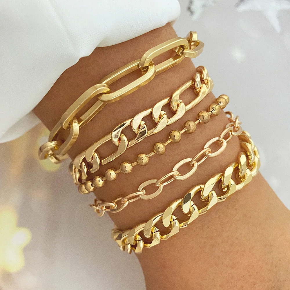 5pcs/set Fashion Gold plated Chain Link Bracelet Chunky Creative Stacked  Thick Multi-layer Bracelet For Women Jewelry Set