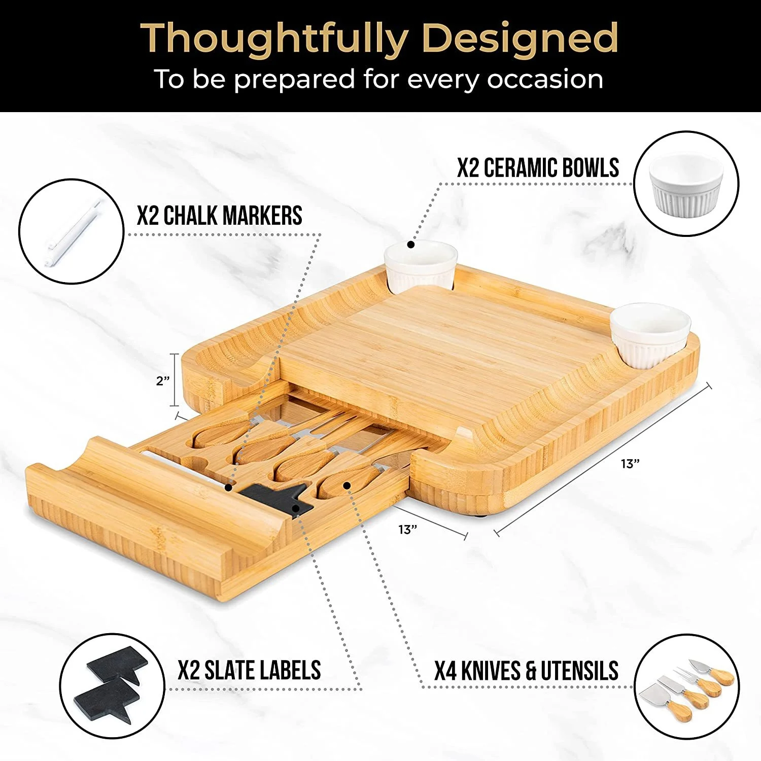 TZYC Bamboo Cheese Board with Cutlery Set Wood Charcuterie Platter Serving Meat Board with Slide-Out Drawer