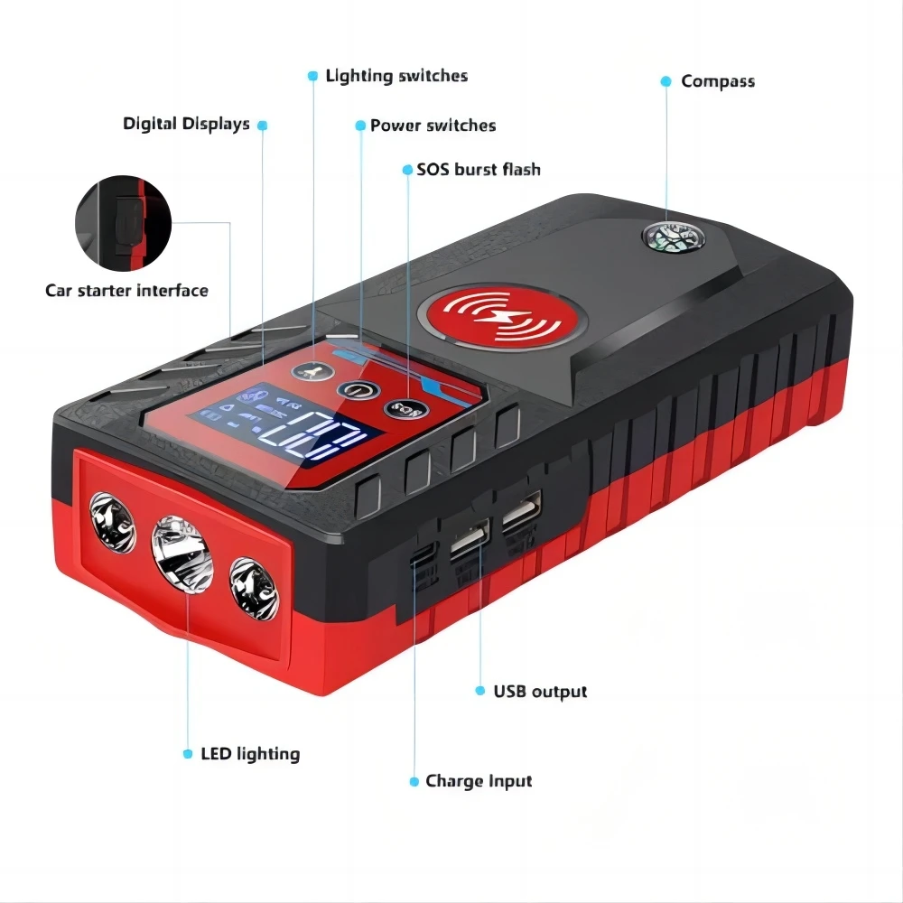 Multifunctional 4-in-1 Jump Starter with Inflator and Wireless Power Bank LED Light Jump Starter with Inflator Ca