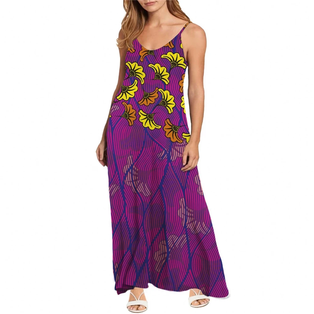 2021 New African Print Kente Purple Florla Summer Maxi Spaghetti Strap Bohemian Beach Sundress Cover Up Evening Long Dress