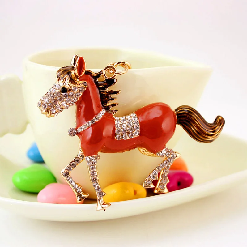 Bling zodiac horse keychain enamel red horse Metal Key chain Rhinestone keyring diamond lucky pendant crystal horseshoe keychain