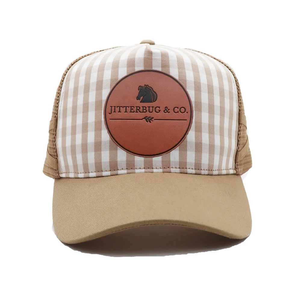 Popular various styles Custom made 5 Panel High Profile Trucker Hat With Leather Patch Logo Double Stripes trucker hats Caps