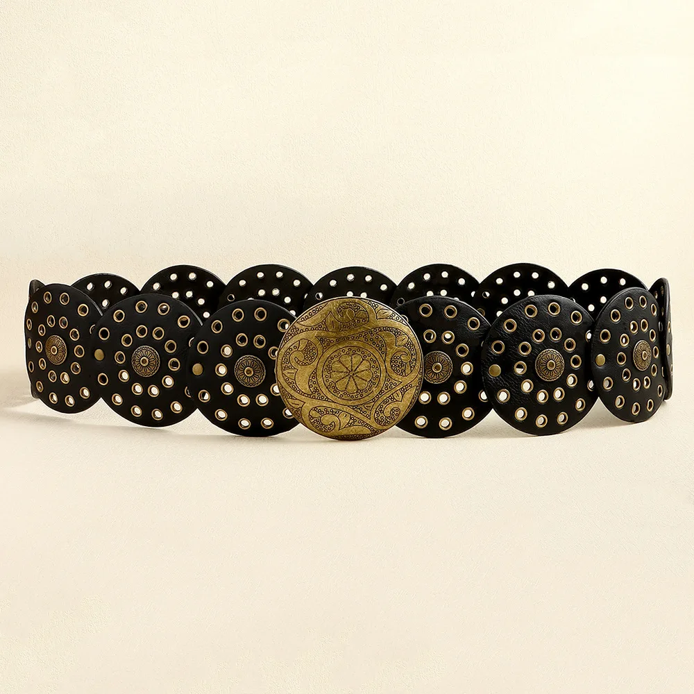 Wholesale Retro Punk Big Round Rivet Hole PU Leather Belt Ladies Exaggerated Wide Hollow Metal Leather Belt