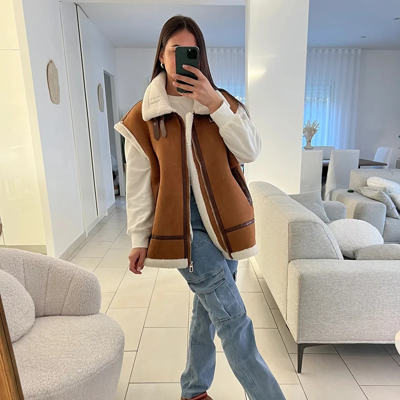 Moto Biker Lamb Wool Vests Women Fashion Suede Waistcoats Women Elegant Thick Warm Sleeveless Jackets Female Ladies