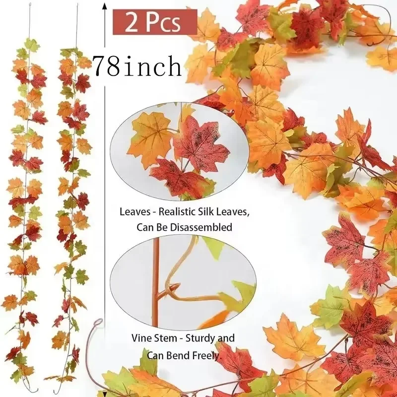 Artificial Autumn Maple Leaves Garland Vine Hanging Plant for Thanksgiving Halloween Fireplace Decoration Christmas Home Decor