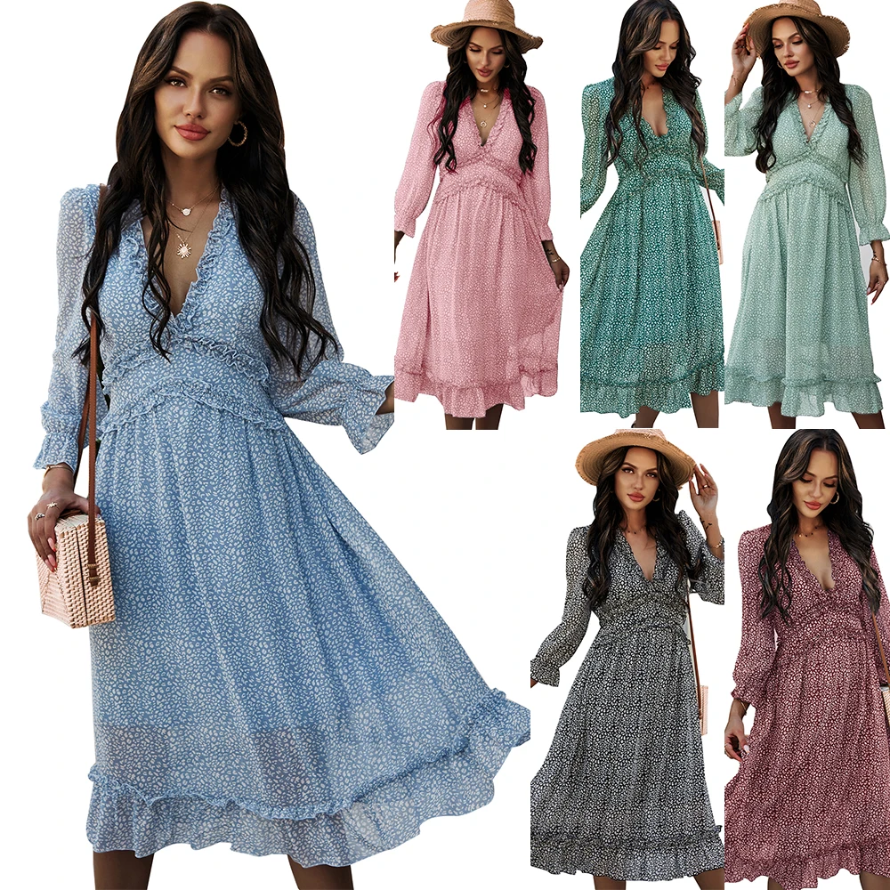 
Women 2021 Sexy V Neck Long Sleeve Floral Print Skirt Ruffle Hem Wrap Tunic Casual Party Dress 