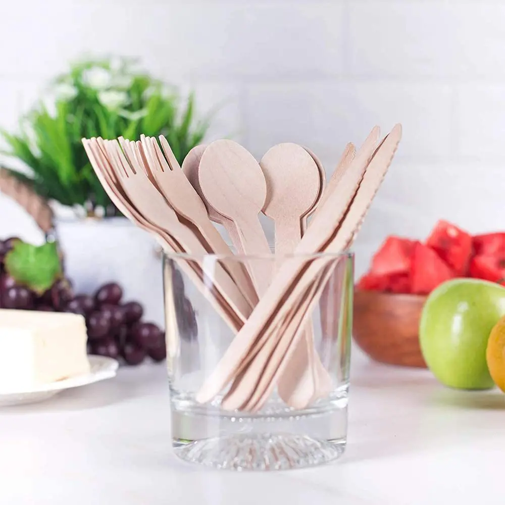 Hot sale dessert spoon and fork, wooden disposable spoon fork knife bulk packing biodegradable wooden cutlery set