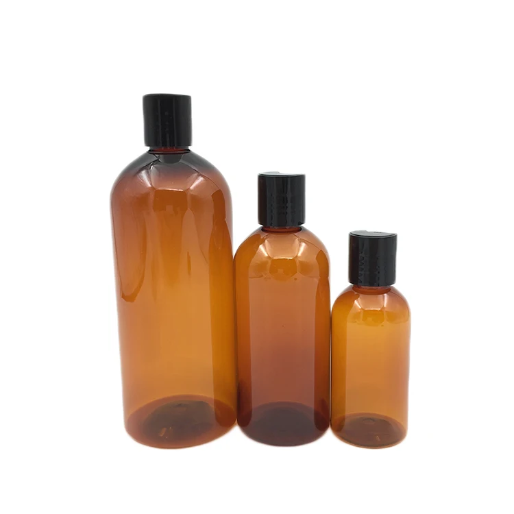 factory OEM Cosmo Round PET Amber Lotion Bottle with Black Disc Top Cap 100ML/250ML/500ML