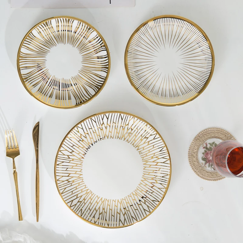 Luxury Nordic Gold Rim Design Ceramic Tableware Dinner Dishes Plates Set 8in 10inch Porcelain Steak Dessert Plates for Wedding