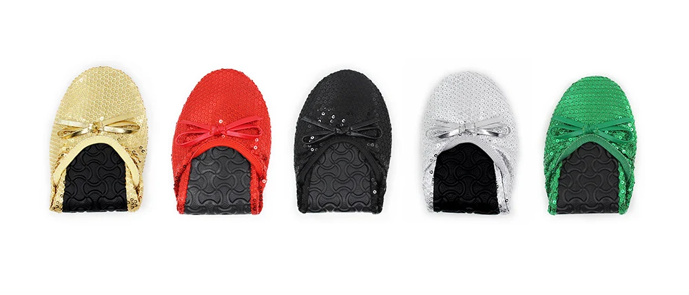 Customized Trendy Evening Party Flats Black and Silver Sequin Foldable Shoes with Bag