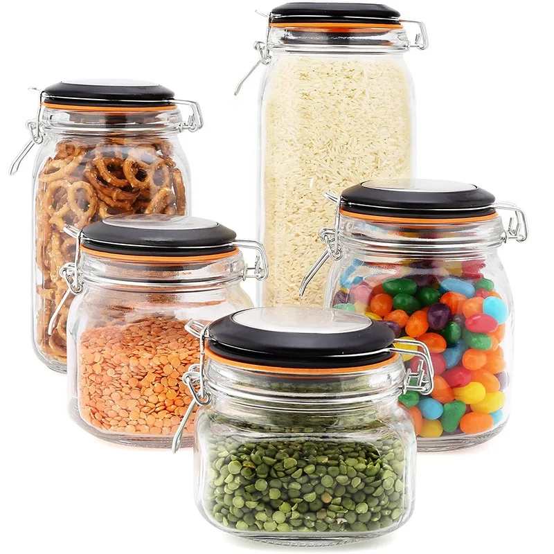 
Set of 5 Clear Glass Kitchen Canisters and Canning Jars with Airtight Bail Trigger Hermetic Seal Black Lids 