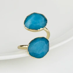 Double Agate Druzy Stone Quartz Crystal Rings Pink Red Blue Adjustable Gold Plated Copper Cuff Rings