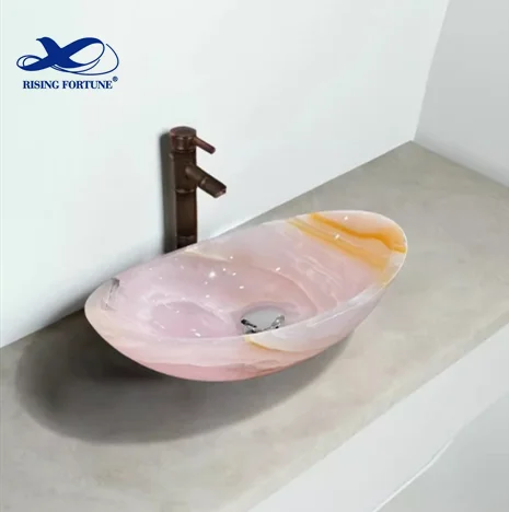 Modern Design Oval Irregular Shape Bathroom Freestanding Pink Onyx Marble Wash Sink Basin