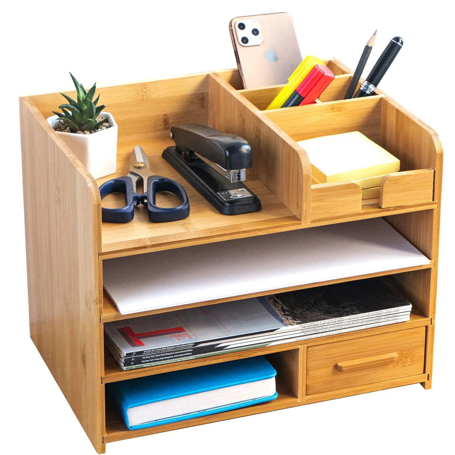 
WOODSPACE Office desktop storage box document data storage rack computer increased overhead student stationery pen holder 
