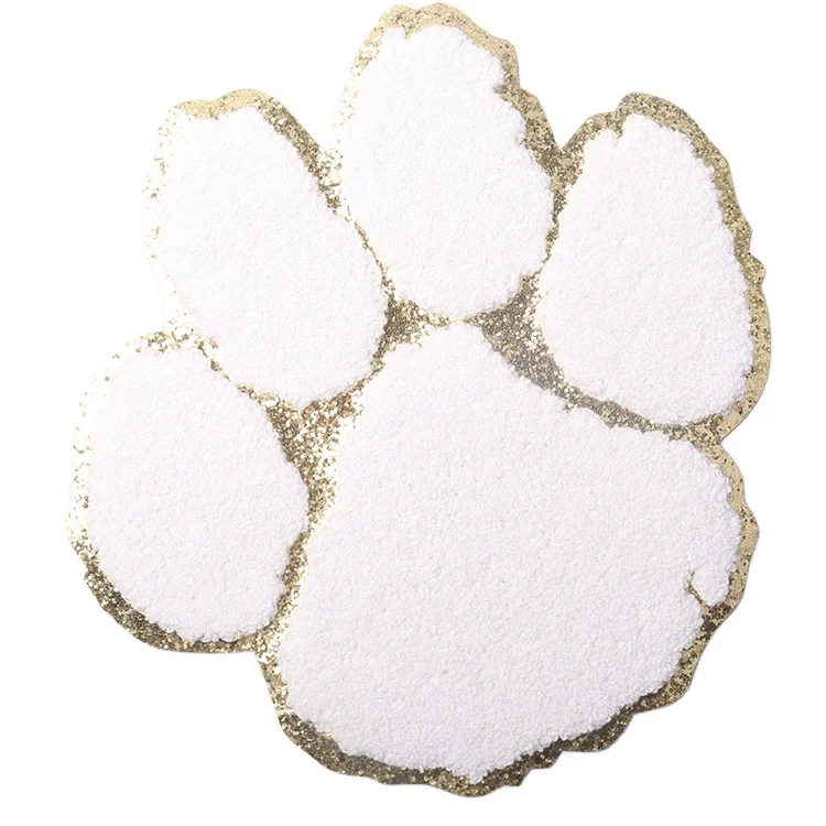 Christmas large Cartoon iron on big back animal embroIdery patches  white silver glliter cat paw chenille patch for clothing