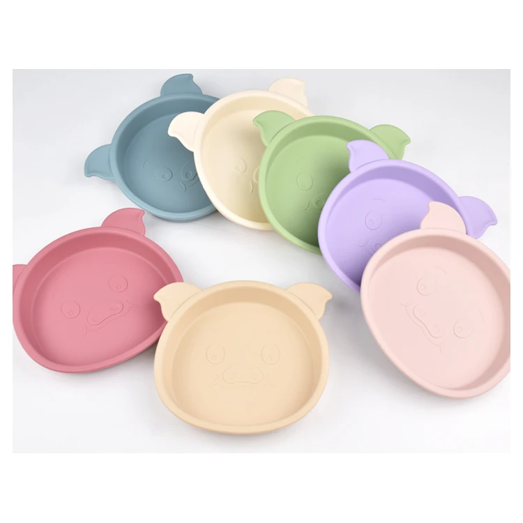 Portable Non-Slip Suction Pig Shape Toddler Plates Kids Dining Bowl Bpa Free Silicone Tableware Color Mixed
