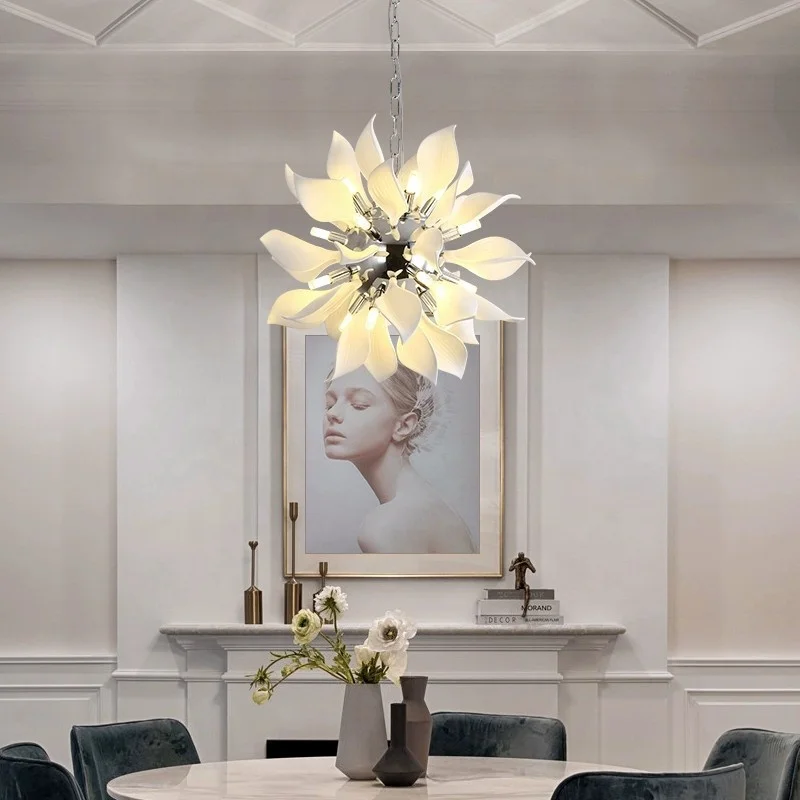 Italian designer living room lamp Nordic bedroom villa model room simple dining room art white ceramic petal chandelier