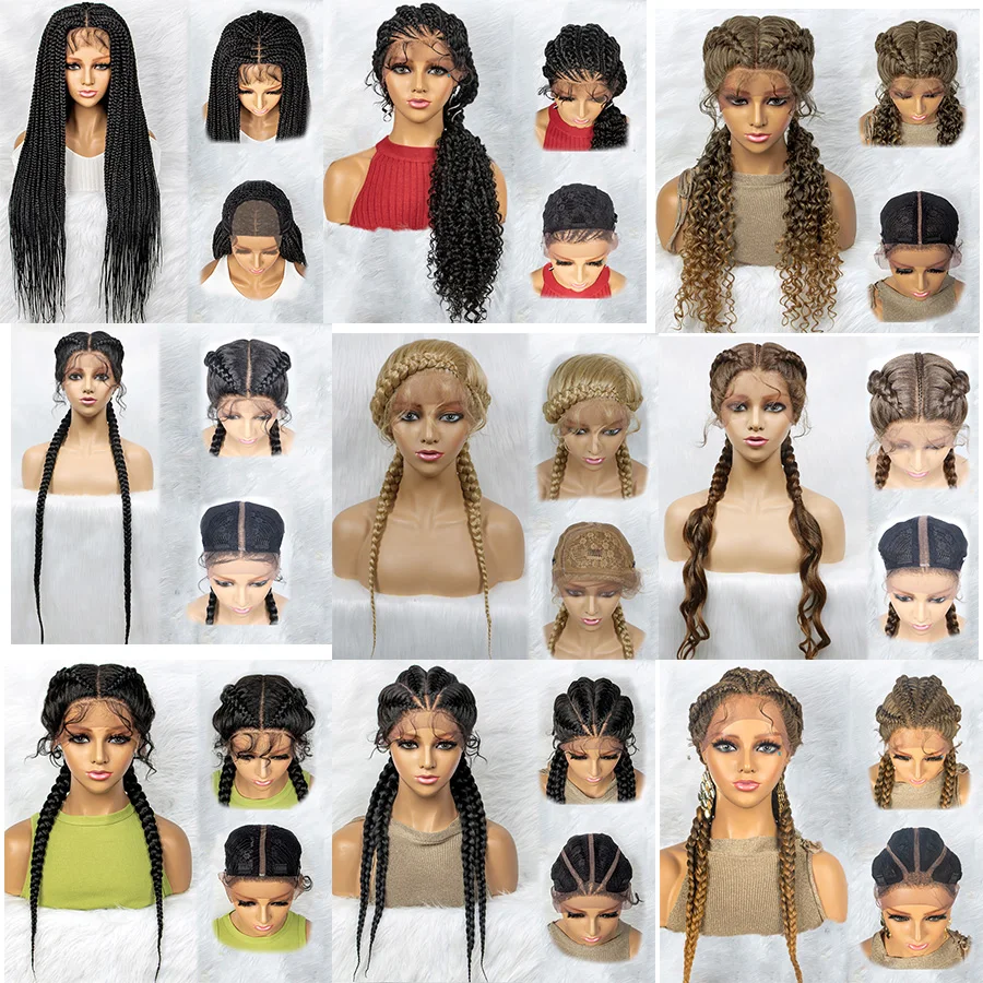 Wholesale Full Double Lace Front Square Knotless Box Braid Wig,Lightweight Synthetic Ombre Light Brown Hand Braided Wigs