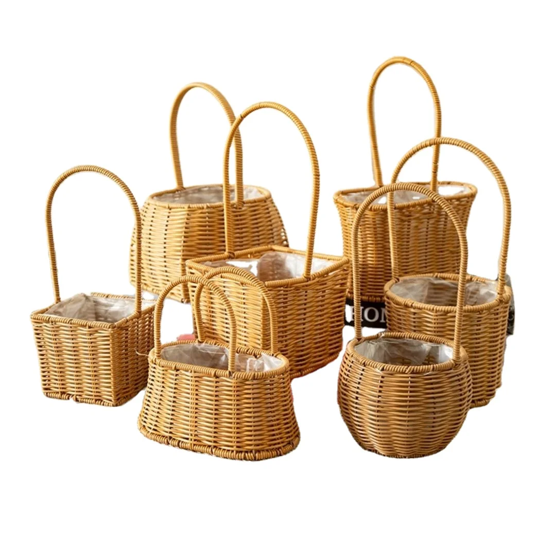 Woven flower basket portable plastic rattan basket decorative home flower basket