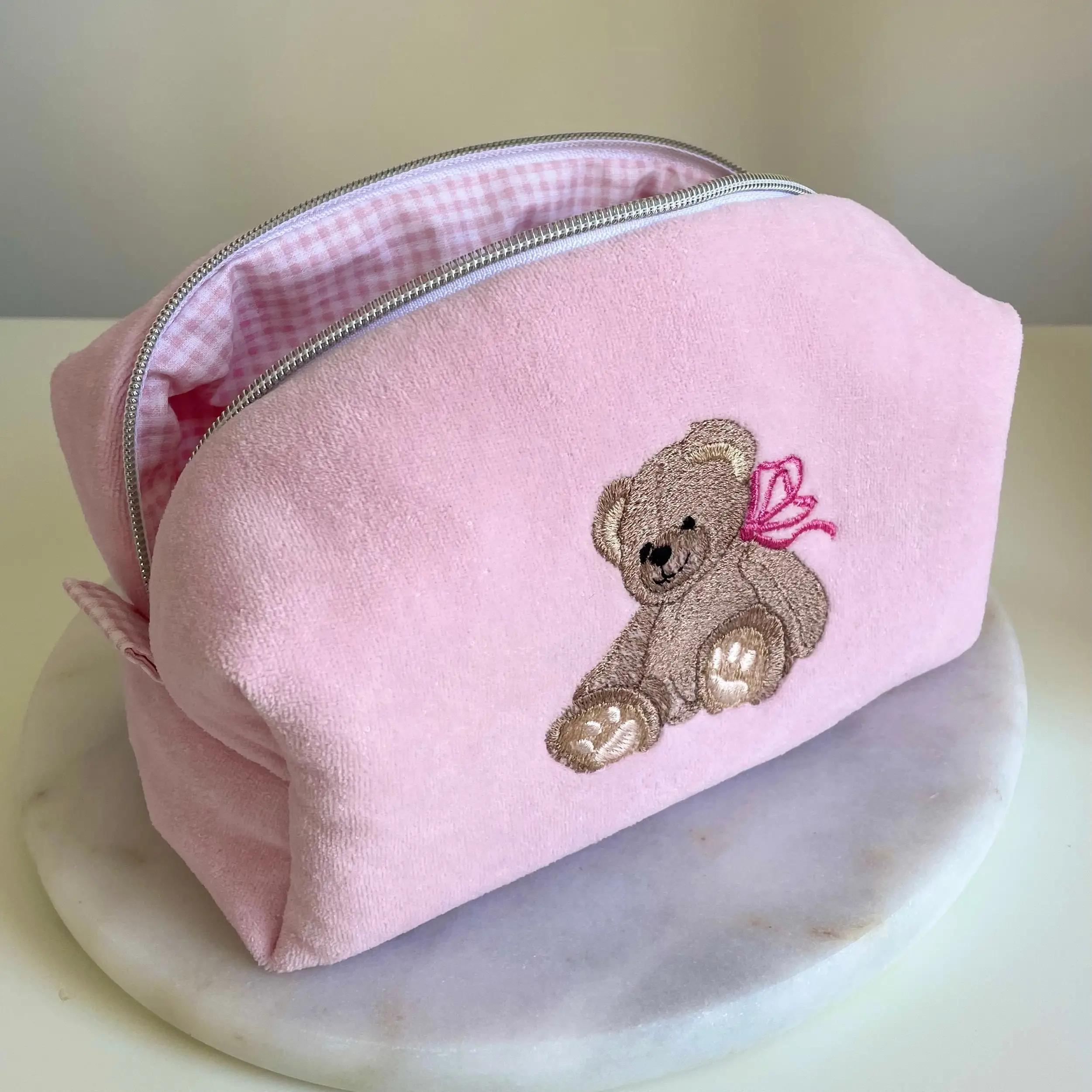 Custom Size Logo Color Embroidered Teddy Bear Pink Velvet Zipper Cosmetic Makeup Make Up Travel Skincare Storage Bag