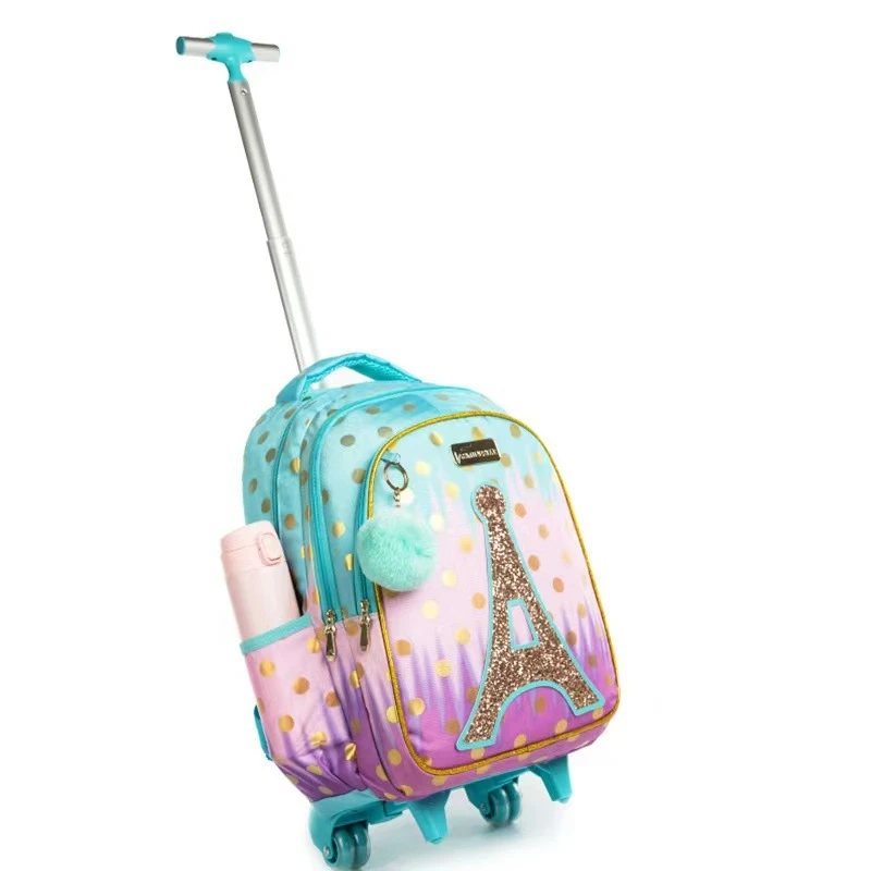 Four Wheel 3 Piece Set Children Kids Trolley School Bag Backpack with Lunch and Pencil Bag 2023 New Fashion Eiffel Tower Sequins