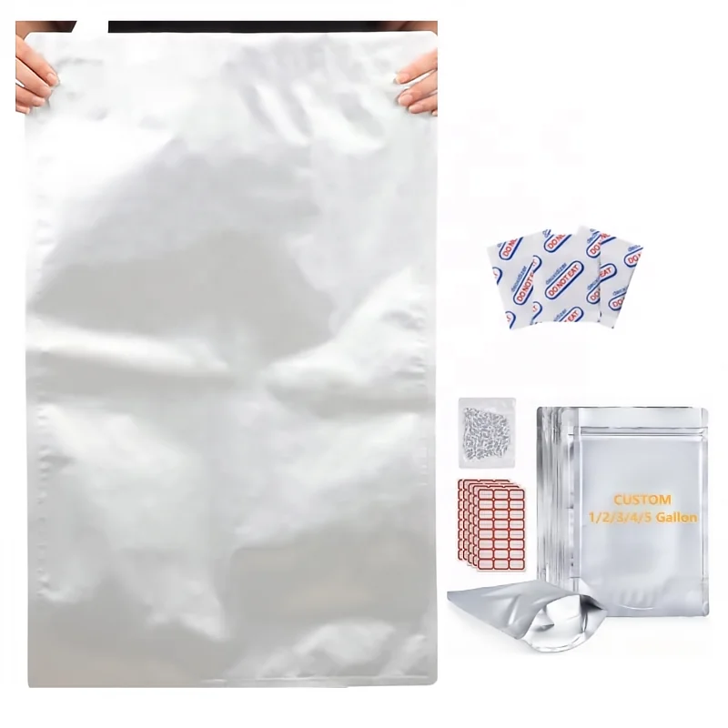Foil Flat Heat Sealing 1 Gallon 5 Gallon Custom Mylar Food Bags With 2500cc Oxygen Absorbers and Labels