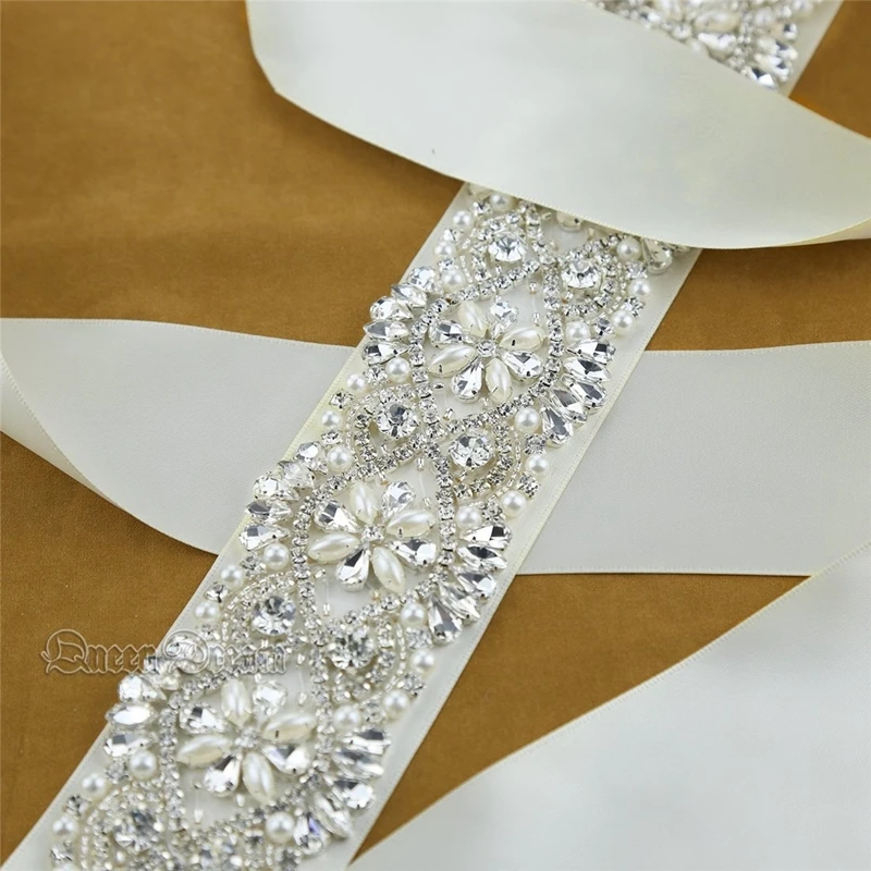 
Hot Sale Pearl Crystal Beaded Flower Bridal Sash Handmade Rhinestone Belt with Ribbon for Bride Bridesmaids formal Dress 
