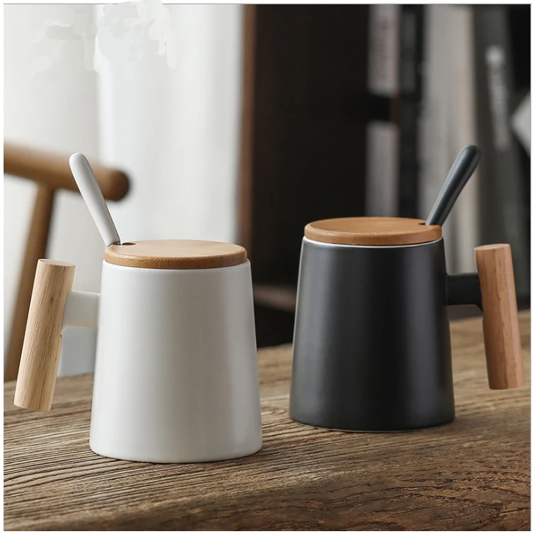 New sale gift ceramic coffee mugs custom logo wooden handle tumbler cups with lid and spoon
