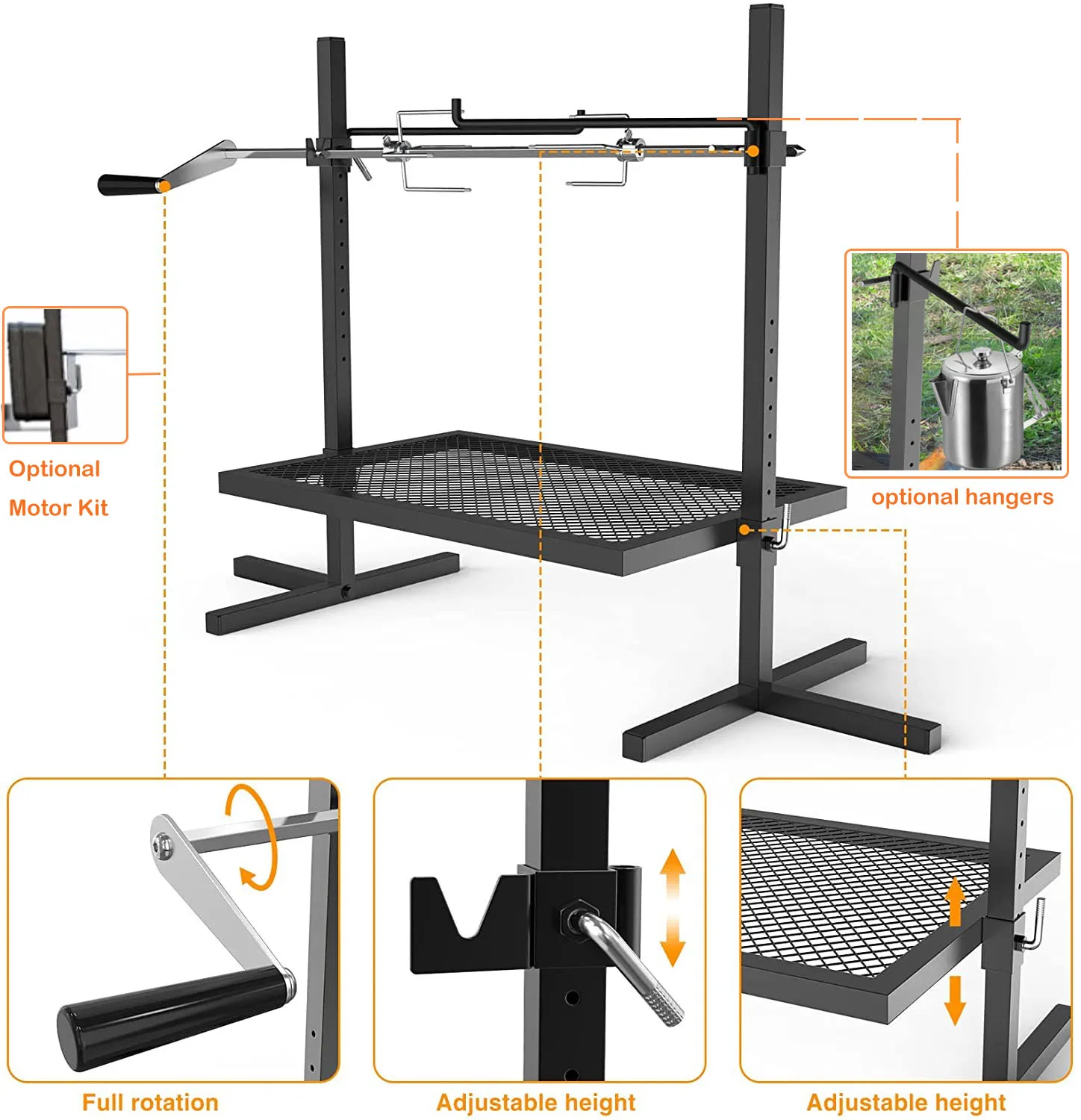 Adjustable Grill Rotisserie System and Spit Over Fire Camp Grill with Cooking Grate Outdoor Open Flame Cooking