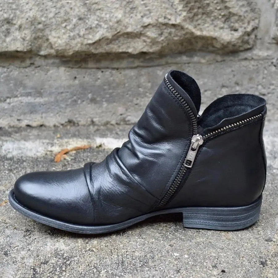Women PU Leather Ankle Boots Women Autumn Winter Zipper Vintage Women Punk Boots Flat Ladies Shoes Flat Short Snow Boots Mujer