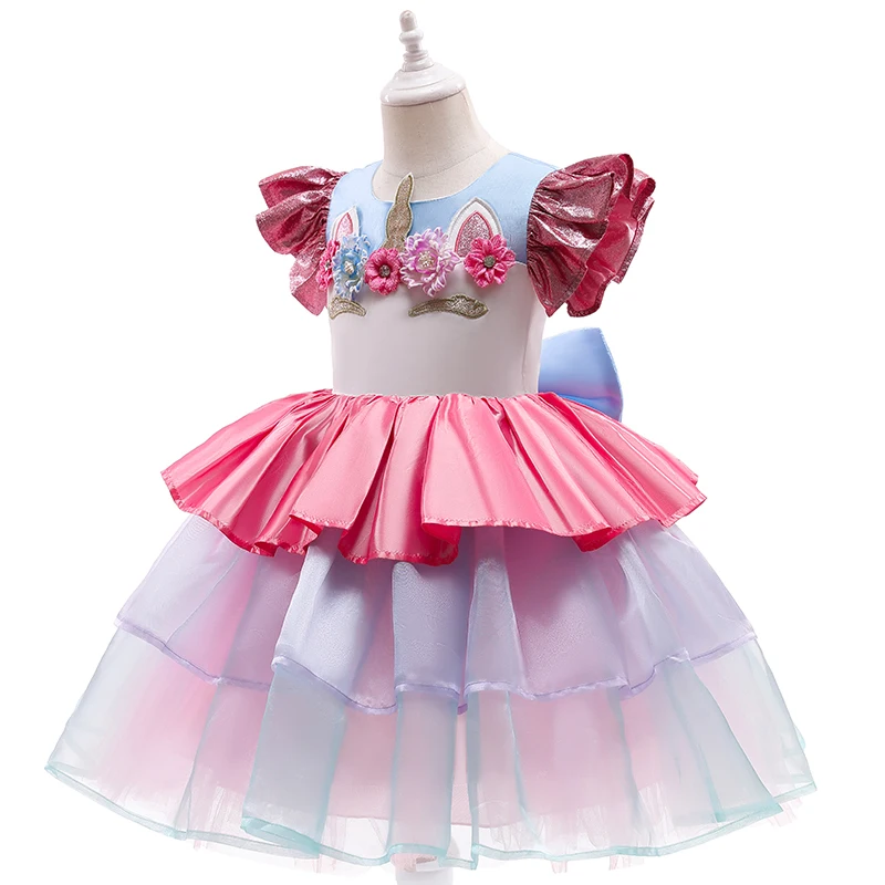 New Girl Rainbow Unicorn Dress For Kids Embroidery Ball Gown Baby Girl Princess Birthday Dresses Party Costume Children Clothing