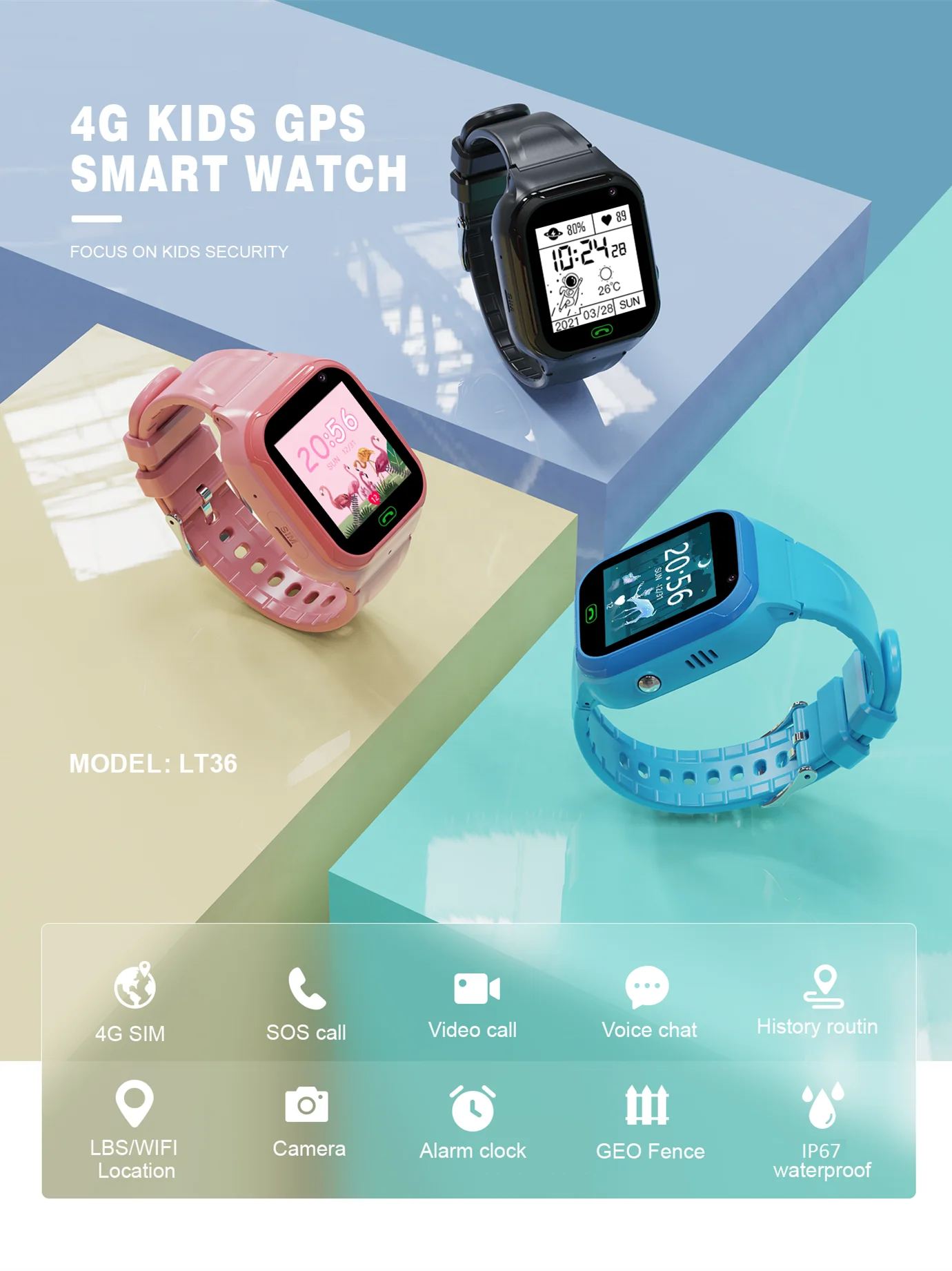 LT36 4G Kids GPS Smart Watch with LBS Wifi Video Call SOS Waterproof Camera Children Smartwatch Remote Monitor Phone Clock Gifts