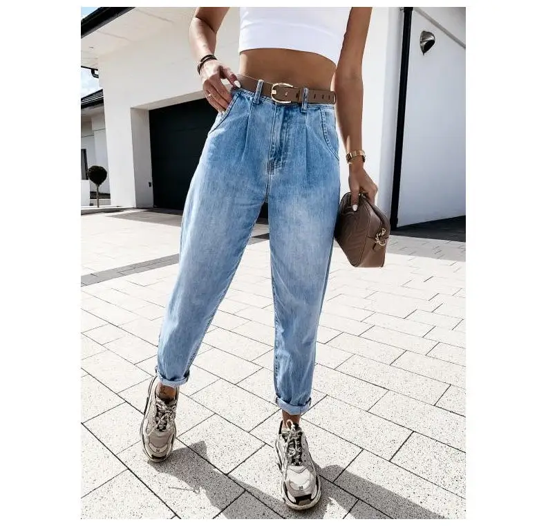 Wholesaler new design urban Casual Pants high waist washing jeans women straight pants loose trousers for lady boyfriend denim