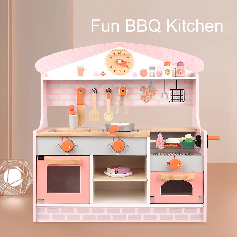 Big BBQ Kitchen Set Toy Children Pretend Play Cooking Learning Wooden Games Kitchen Toys for Kids