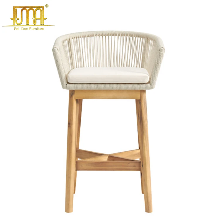 Patio Furniture Teak Wood Leg Rope Outdoor Bar Stools With Arm