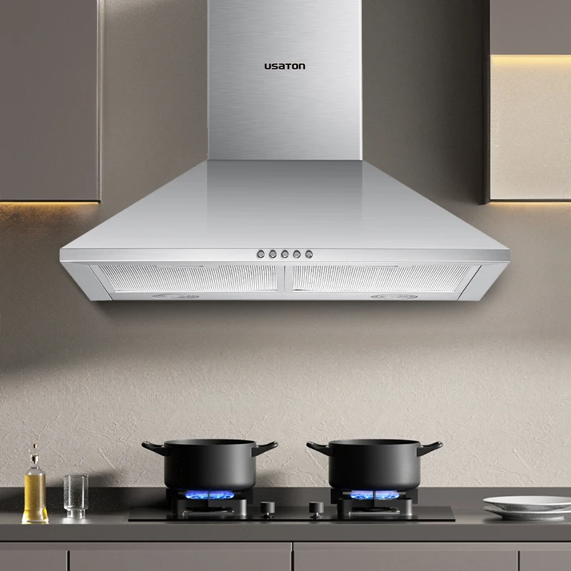White paint color pyramid stainless steel chimney extractor push button tower electric kitchen range hoods