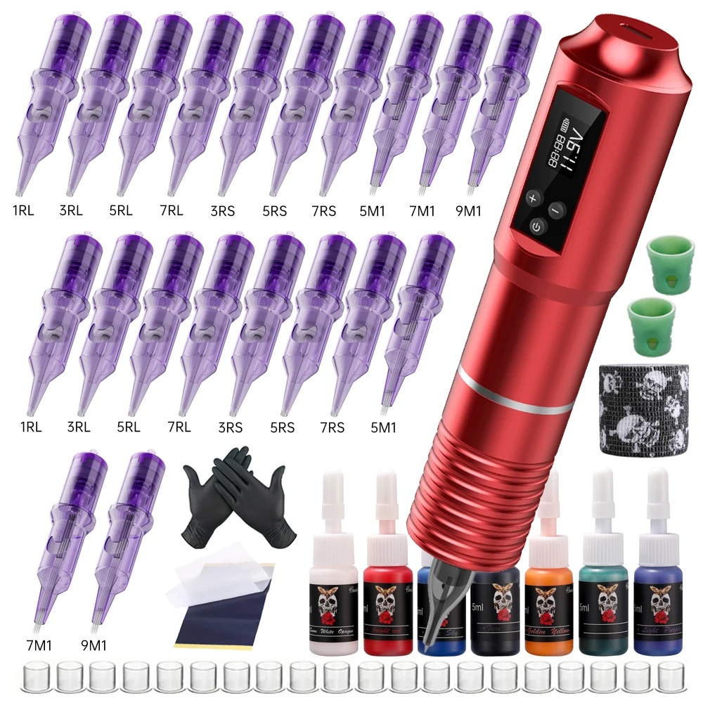 Professional Wireless Tattoo Pen Machine Complete Full Kit Set for Body Art
