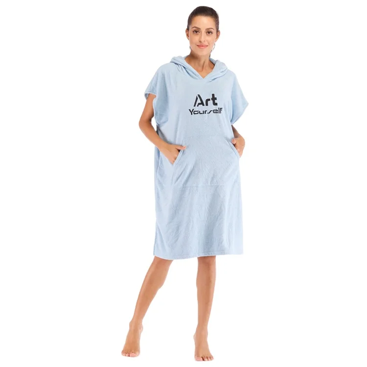 2021 Hot selling 100% Microfibre Terry Fabric Adult lovers Hooded Beach Change Robe Poncho Surf Towel With Pocket