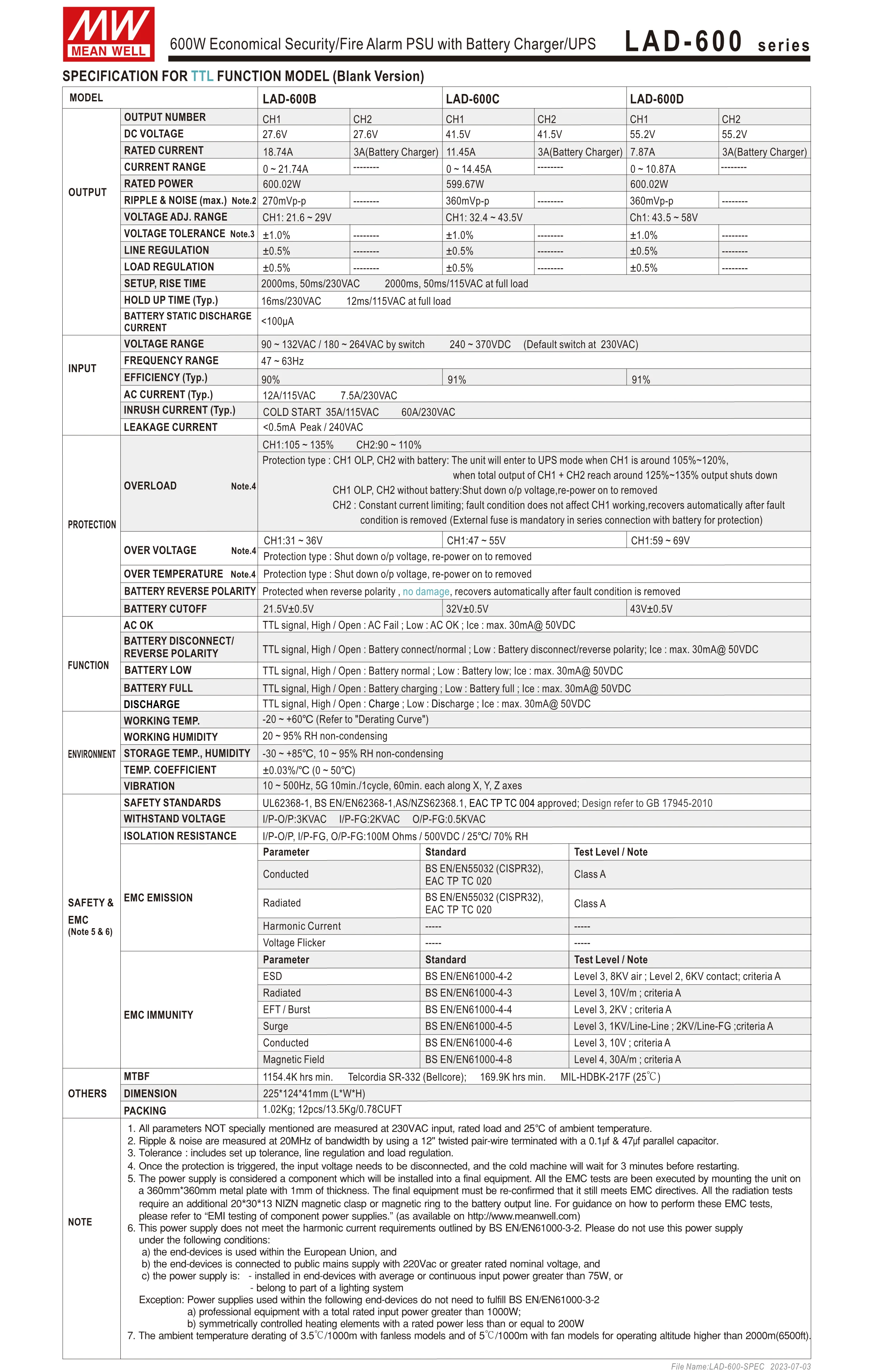 Mean Well LAD-600 series switching power supply Meanwell 600W Economical Security/Fire Alarm PSU with Battery Charger/UPS