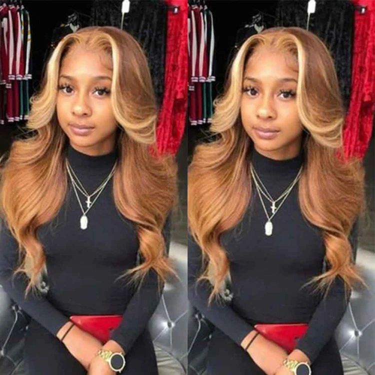 Ombre Honey Brown Color Highlight Body Wave Full Mink Pre Plucked Cuticle Aligned Human Hair HD Lace Front Wigs